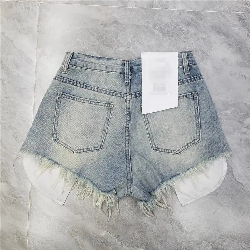 2026 Summer New Tassel Ripped Denim Shorts Women High Waist A-shaped Y2K Shorts Pink Blue