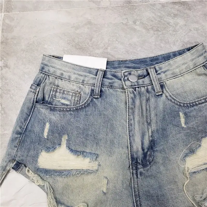 2026 Summer New Tassel Ripped Denim Shorts Women High Waist A-shaped Y2K Shorts Pink Blue