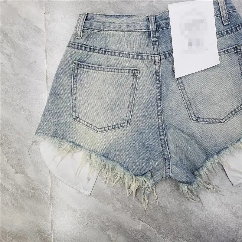 2026 Summer New Tassel Ripped Denim Shorts Women High Waist A-shaped Y2K Shorts Pink Blue