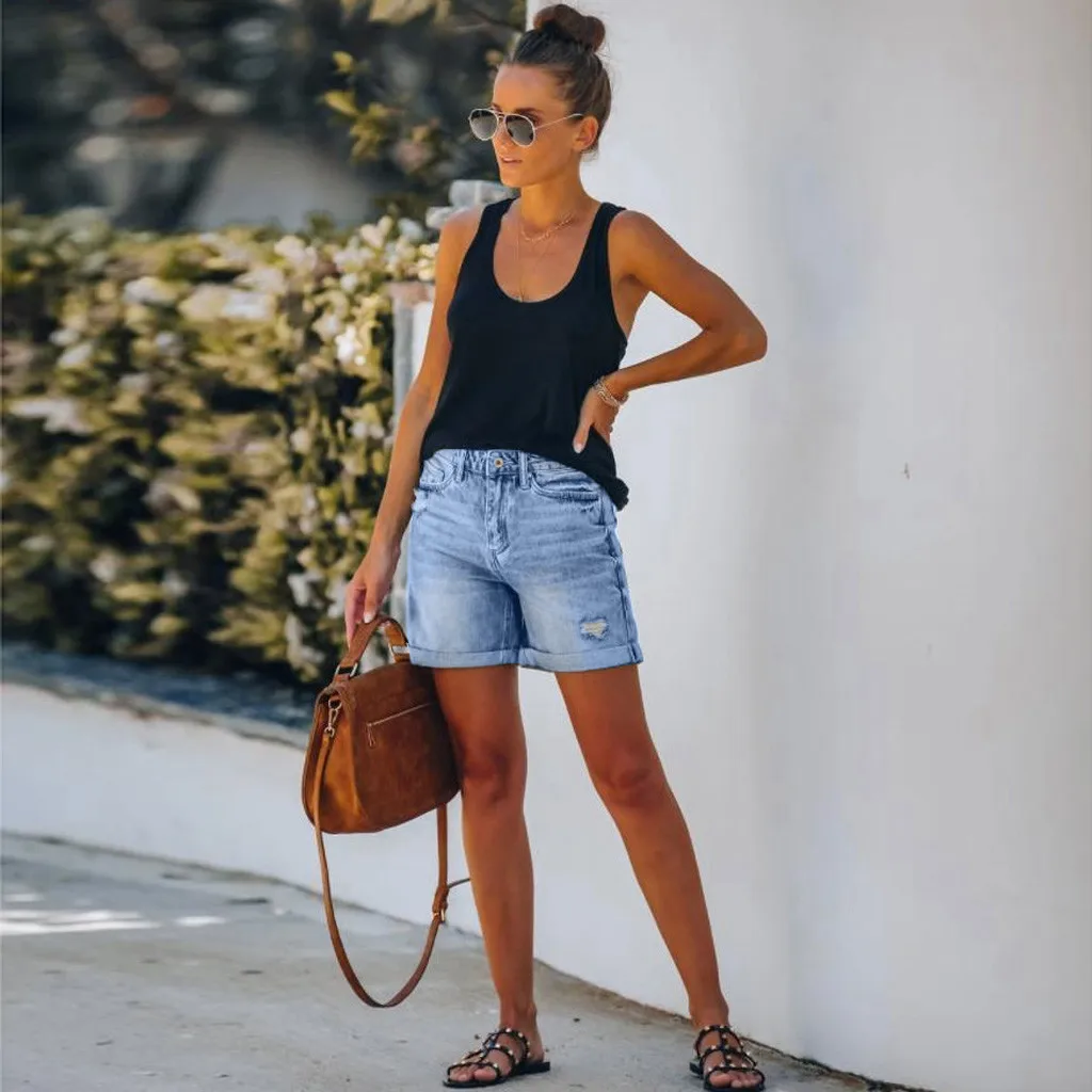 Short Jeans Women Vintage Hole Shorts Washed Distressed Pockets High Waist Streetwear 2025 Female Summer Denims Straight Pants