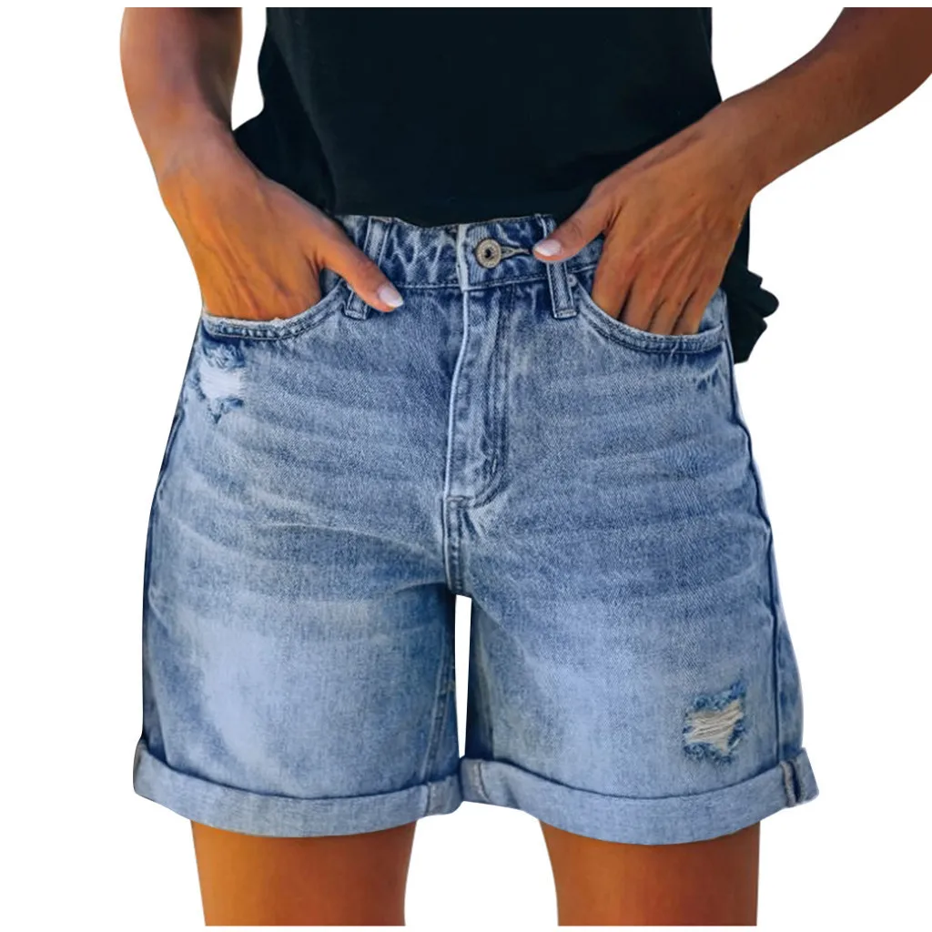 Short Jeans Women Vintage Hole Shorts Washed Distressed Pockets High Waist Streetwear 2025 Female Summer Denims Straight Pants