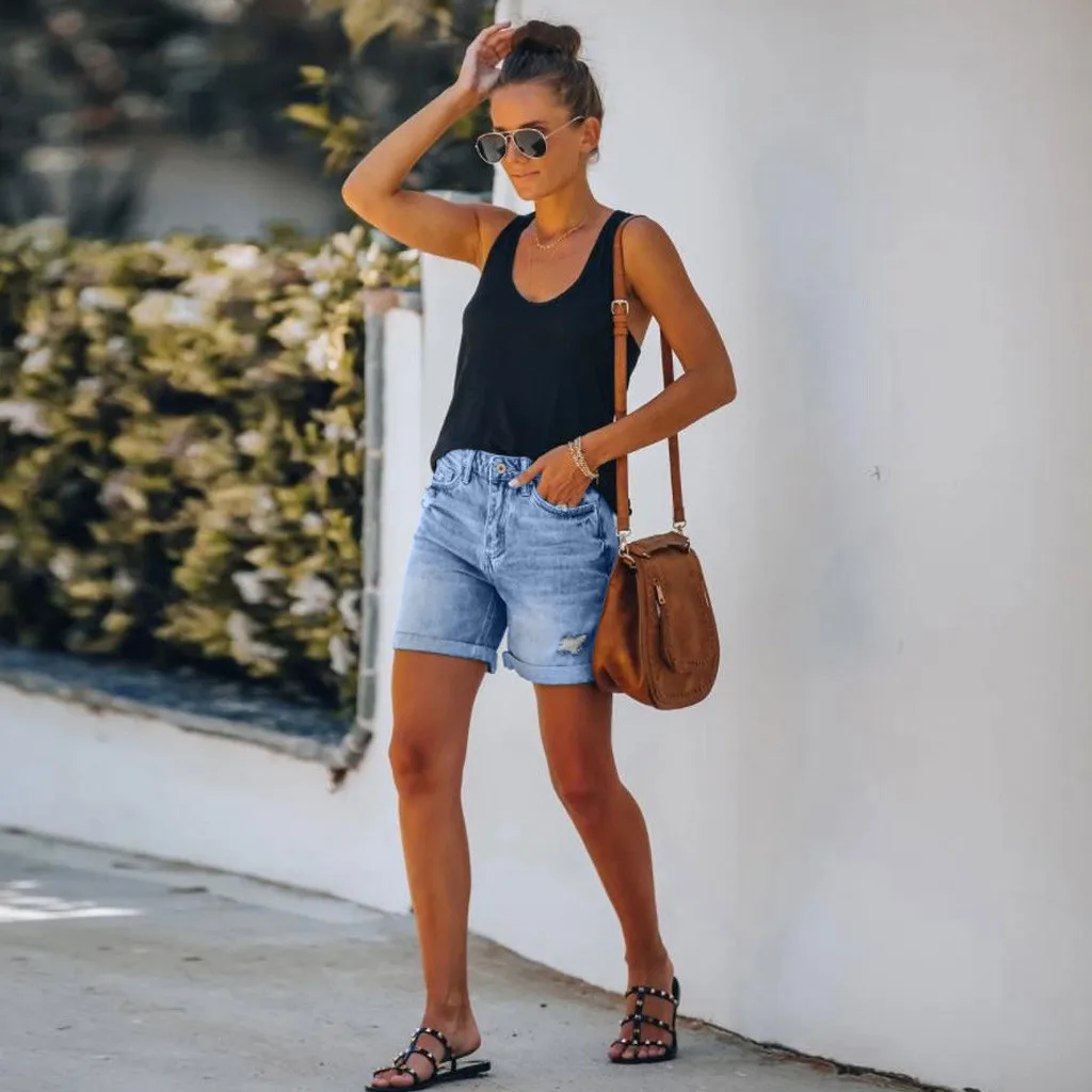 Short Jeans Women Vintage Hole Shorts Washed Distressed Pockets High Waist Streetwear 2025 Female Summer Denims Straight Pants