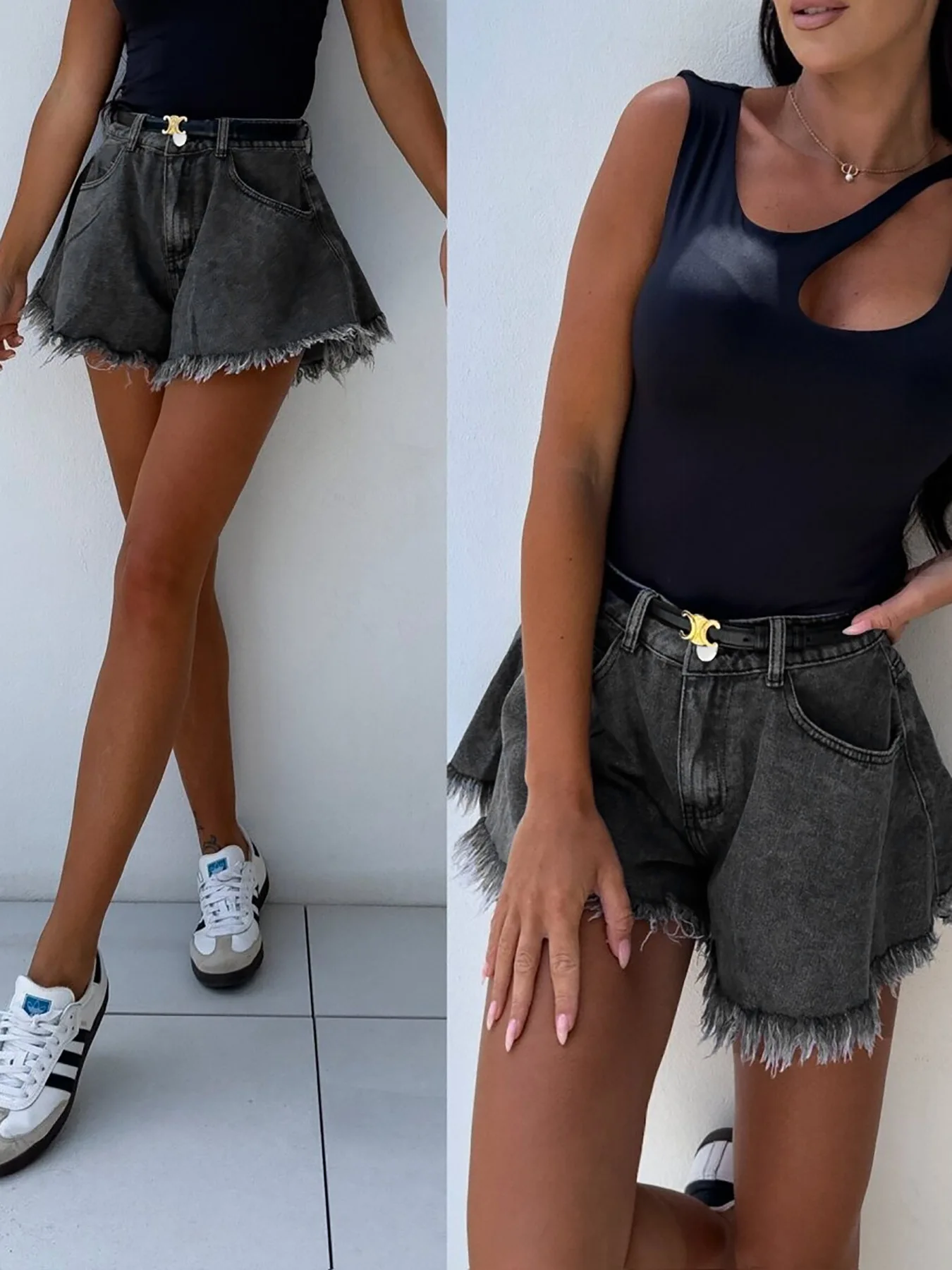 High-Waisted Umbrella Black Denim Shorts Women