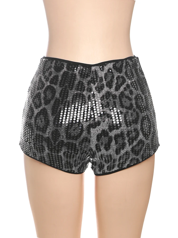 Sisterlinda Popular Women Shorts Fashion Leopard Print High Waist Skinny Mini Bottoms Shiny Sequins Female Attractive Streetwear