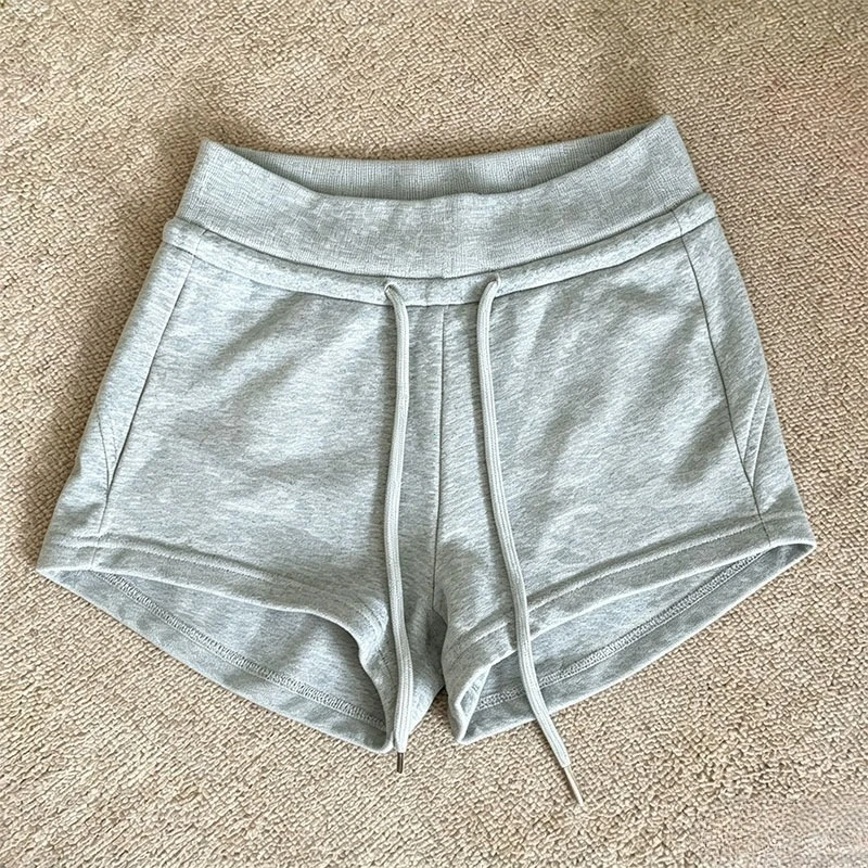 Sporty Grey Low-Waist Straight Leg Short Pants for Women Summer Casual Trousers Drawstring Hot Girl Style Cotton Blend