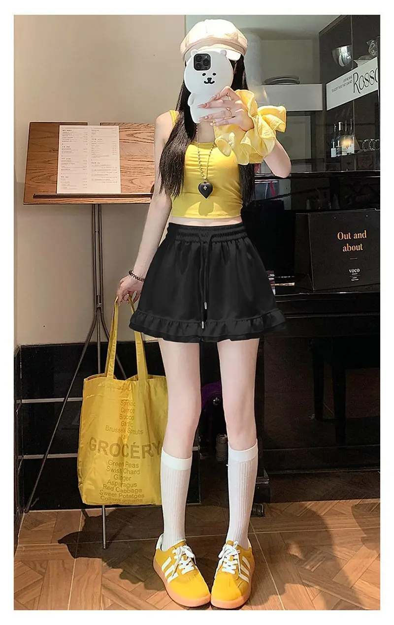 Design Inspired Ruffled Casual Shorts for Women, Loose Fit 2026 Summer New Japanese Style Slimming A-line Wide Leg Sports Pants