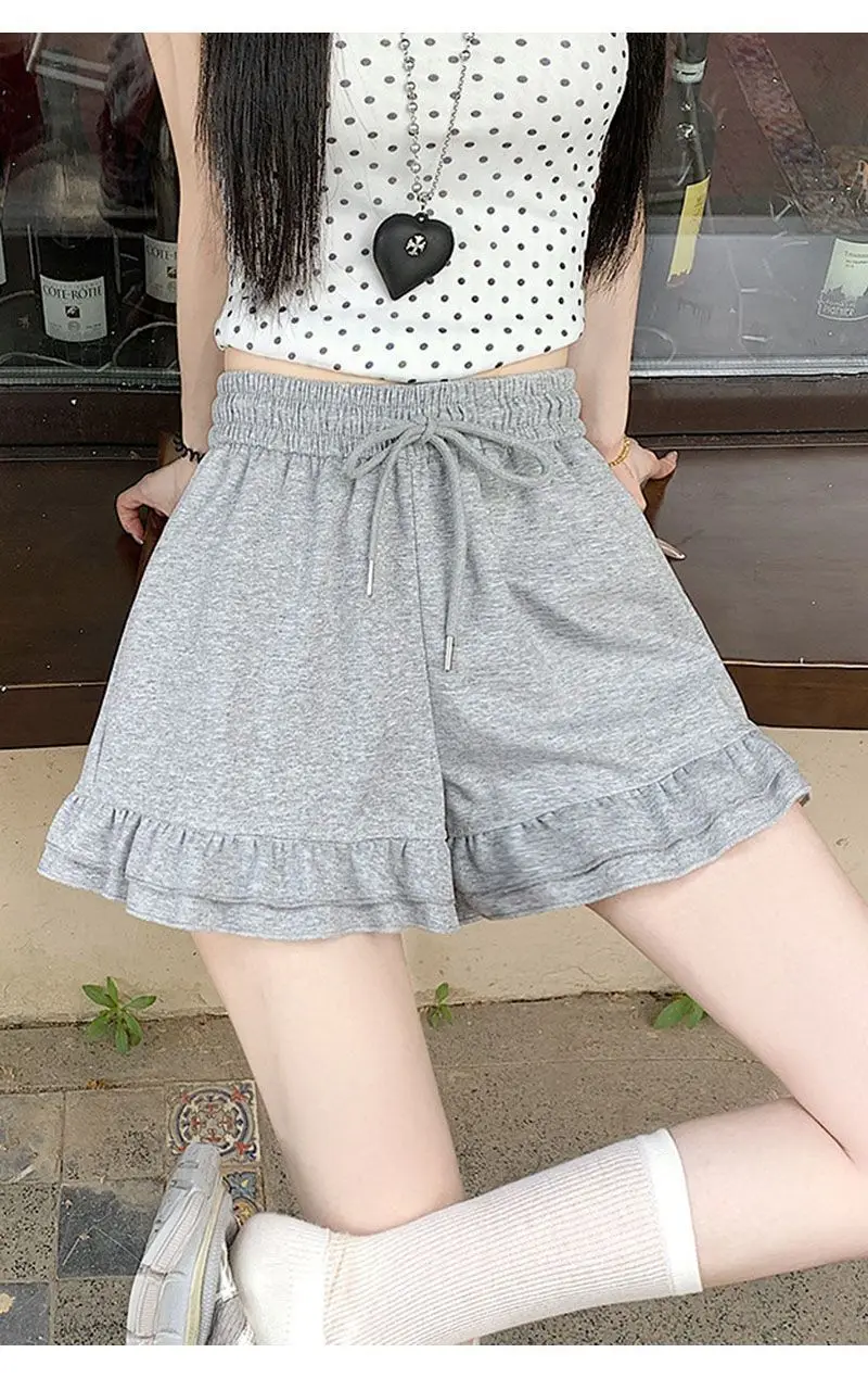 Design Inspired Ruffled Casual Shorts for Women, Loose Fit 2026 Summer New Japanese Style Slimming A-line Wide Leg Sports Pants