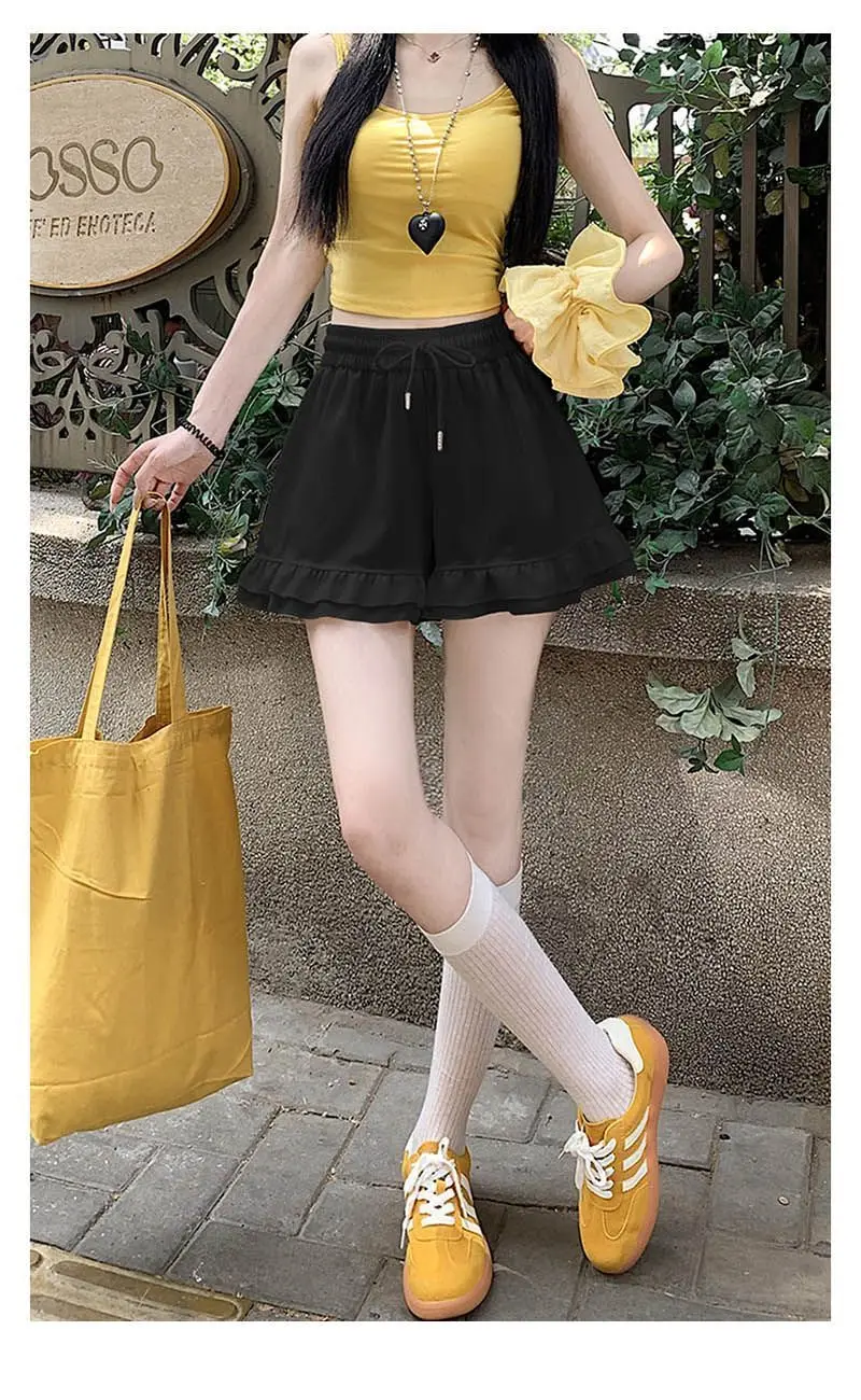 Design Inspired Ruffled Casual Shorts for Women, Loose Fit 2026 Summer New Japanese Style Slimming A-line Wide Leg Sports Pants