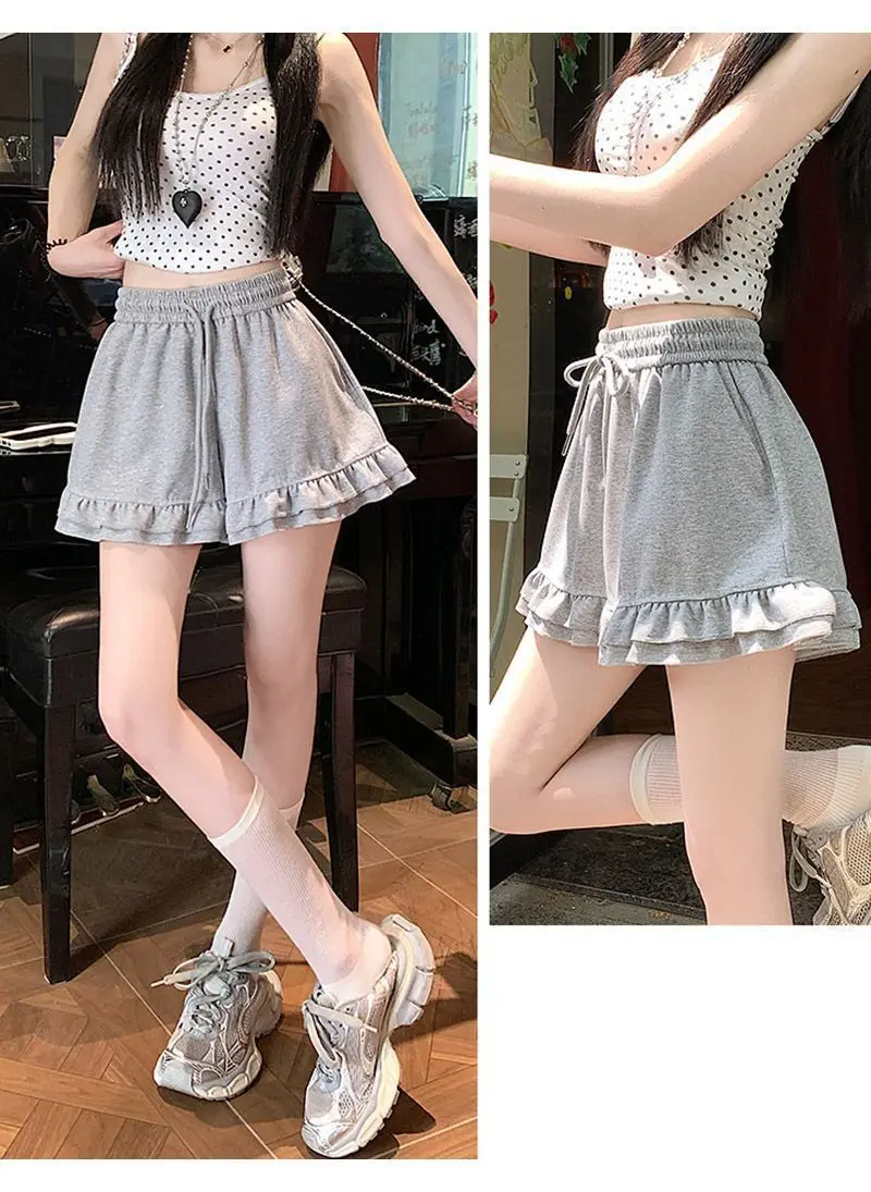 Design Inspired Ruffled Casual Shorts for Women, Loose Fit 2026 Summer New Japanese Style Slimming A-line Wide Leg Sports Pants