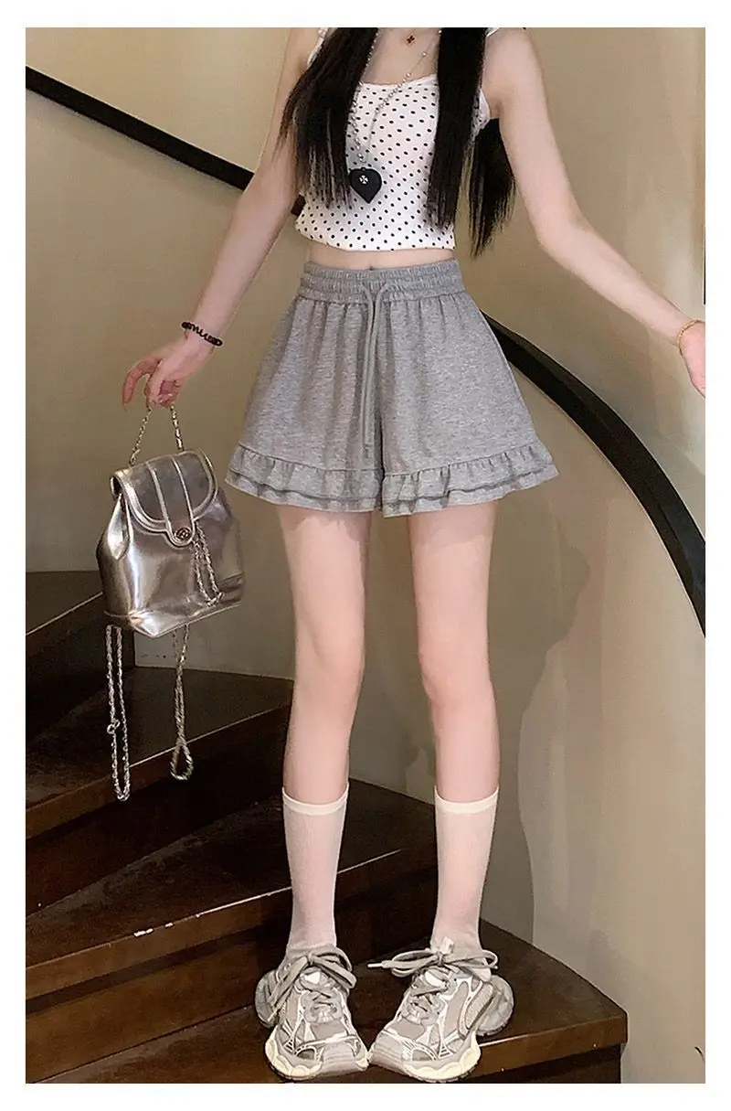 Design Inspired Ruffled Casual Shorts for Women, Loose Fit 2026 Summer New Japanese Style Slimming A-line Wide Leg Sports Pants