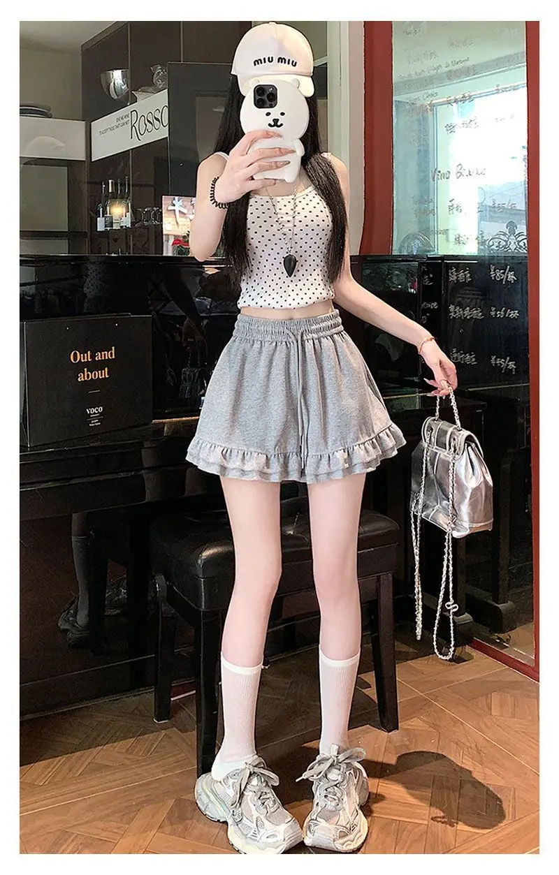 Design Inspired Ruffled Casual Shorts for Women, Loose Fit 2026 Summer New Japanese Style Slimming A-line Wide Leg Sports Pants