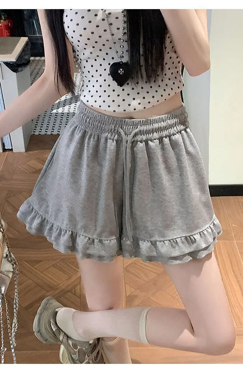 Design Inspired Ruffled Casual Shorts for Women, Loose Fit 2026 Summer New Japanese Style Slimming A-line Wide Leg Sports Pants