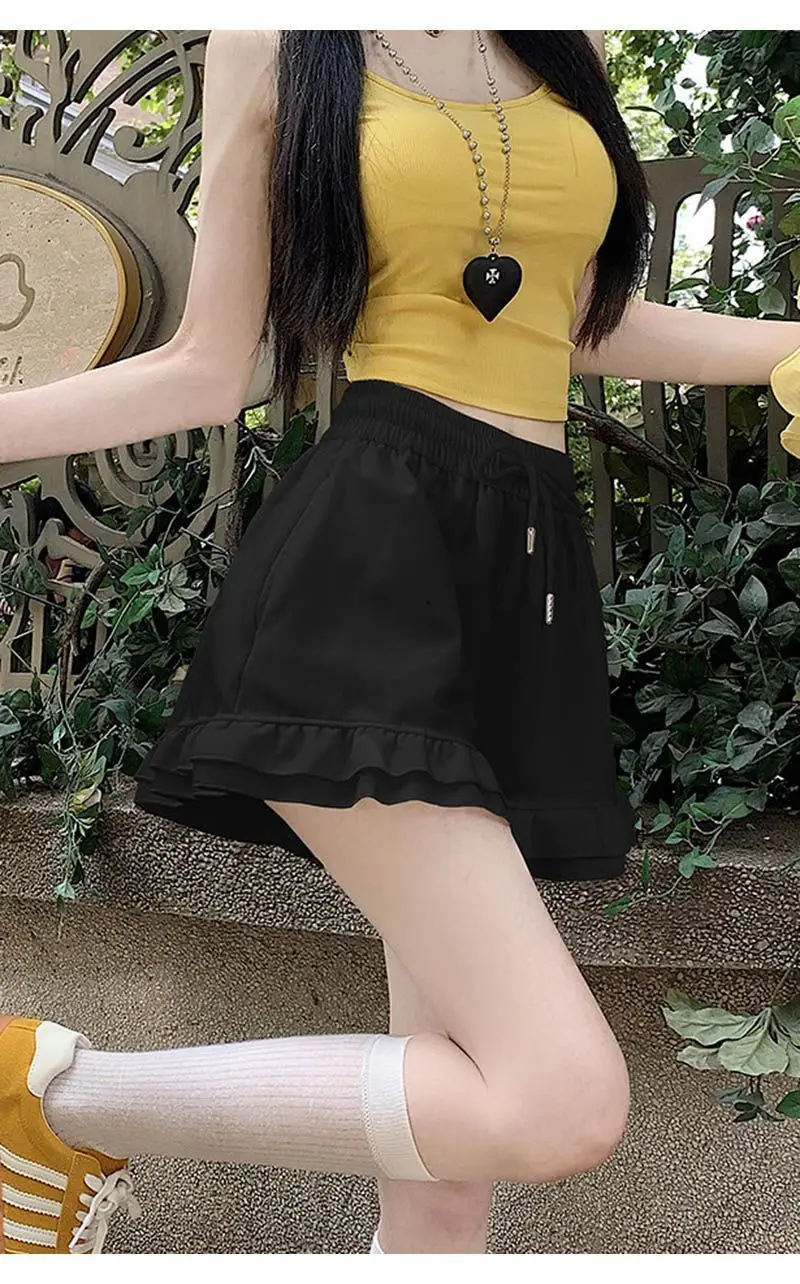 Design Inspired Ruffled Casual Shorts for Women, Loose Fit 2026 Summer New Japanese Style Slimming A-line Wide Leg Sports Pants