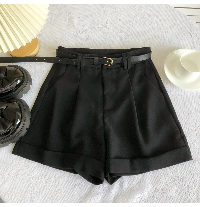 Korean Minimalist Versatile High Waisted Slim Casual Shorts Summer Fashion Solid Color Loose A-line Wide Leg Short With Belt