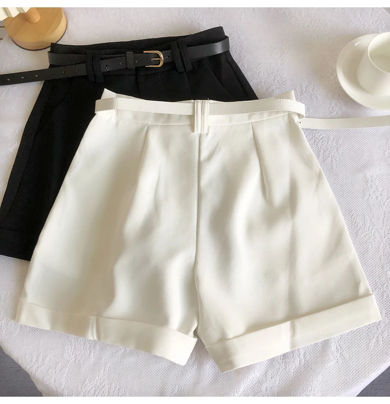 Korean Minimalist Versatile High Waisted Slim Casual Shorts Summer Fashion Solid Color Loose A-line Wide Leg Short With Belt