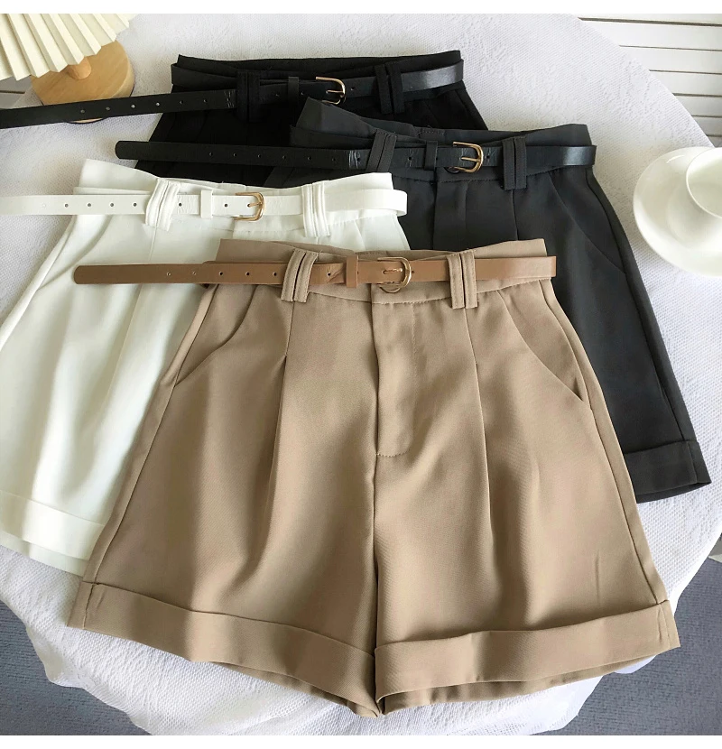 Korean Minimalist Versatile High Waisted Slim Casual Shorts Summer Fashion Solid Color Loose A-line Wide Leg Short With Belt