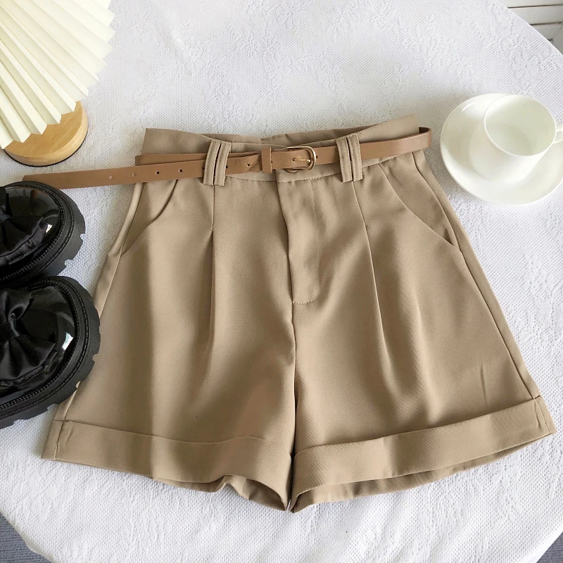 Korean Minimalist Versatile High Waisted Slim Casual Shorts Summer Fashion Solid Color Loose A-line Wide Leg Short With Belt