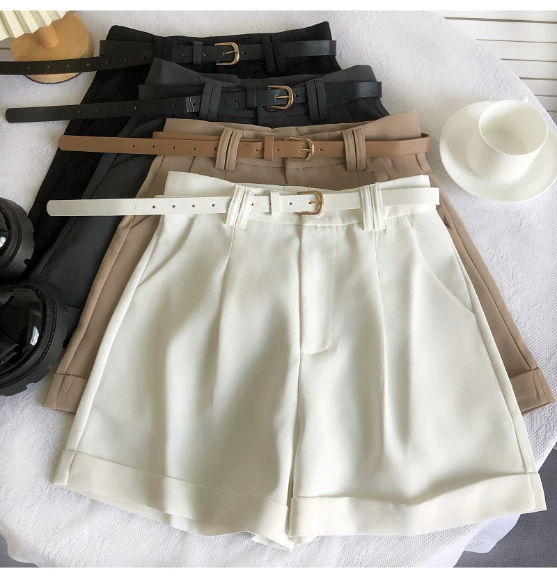 Korean Minimalist Versatile High Waisted Slim Casual Shorts Summer Fashion Solid Color Loose A-line Wide Leg Short With Belt