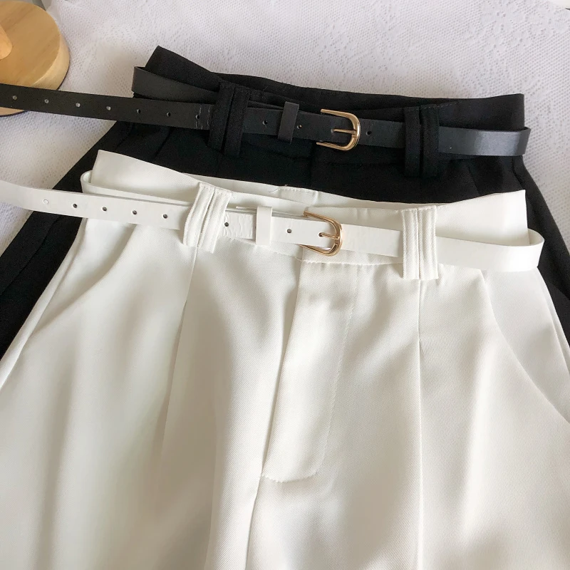 Korean Minimalist Versatile High Waisted Slim Casual Shorts Summer Fashion Solid Color Loose A-line Wide Leg Short With Belt