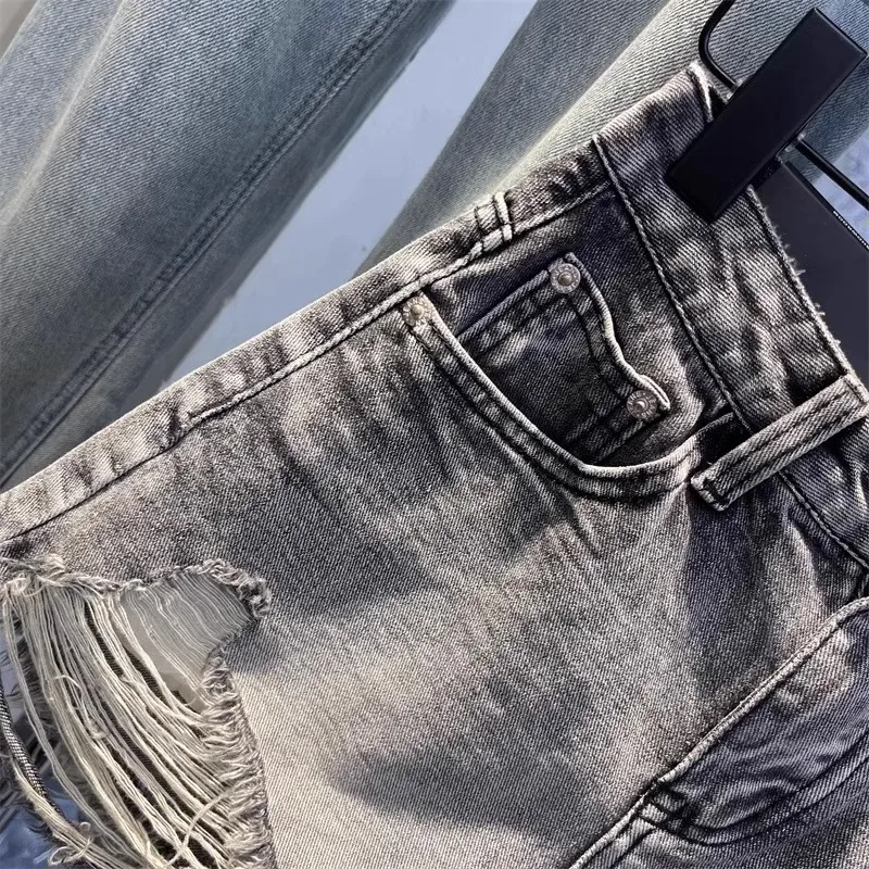 2026 New Black Grey Perforated Ragged Shorts Jeans Women High Waist Y2k Hole Ripped Tassel Booty Shorts