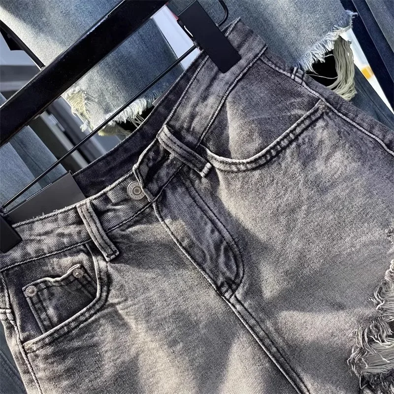 2026 New Black Grey Perforated Ragged Shorts Jeans Women High Waist Y2k Hole Ripped Tassel Booty Shorts