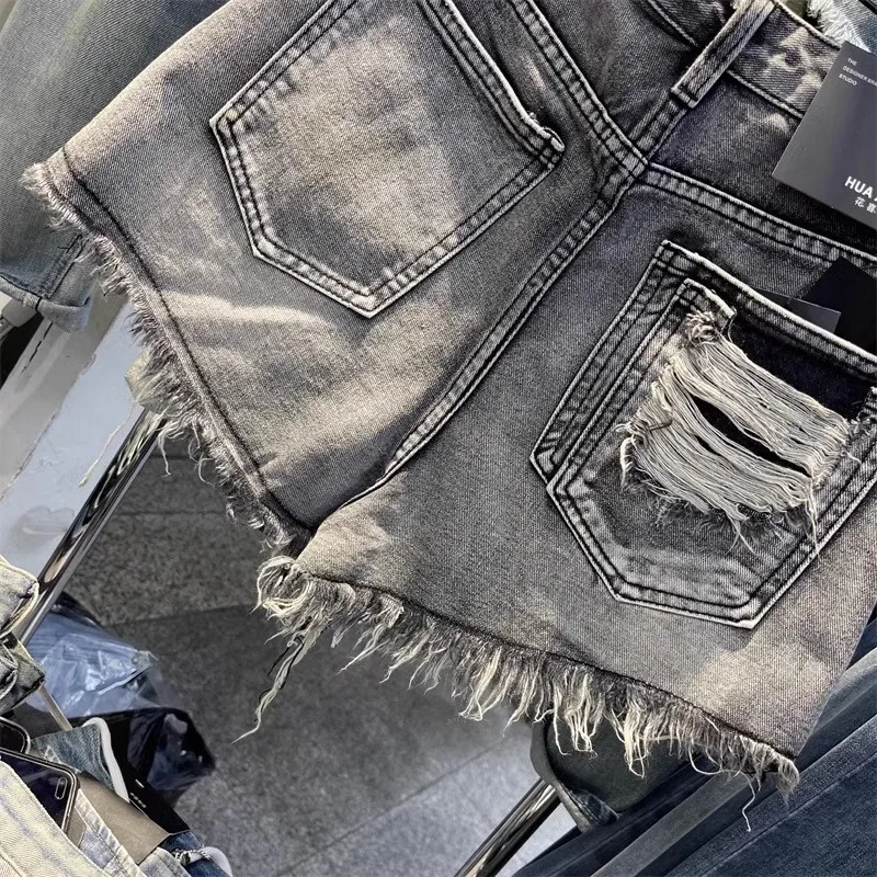 2026 New Black Grey Perforated Ragged Shorts Jeans Women High Waist Y2k Hole Ripped Tassel Booty Shorts