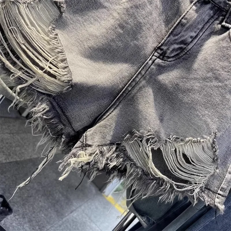 2026 New Black Grey Perforated Ragged Shorts Jeans Women High Waist Y2k Hole Ripped Tassel Booty Shorts