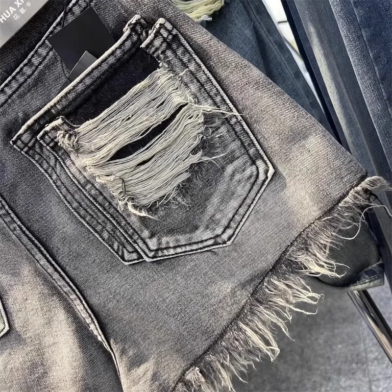 2026 New Black Grey Perforated Ragged Shorts Jeans Women High Waist Y2k Hole Ripped Tassel Booty Shorts