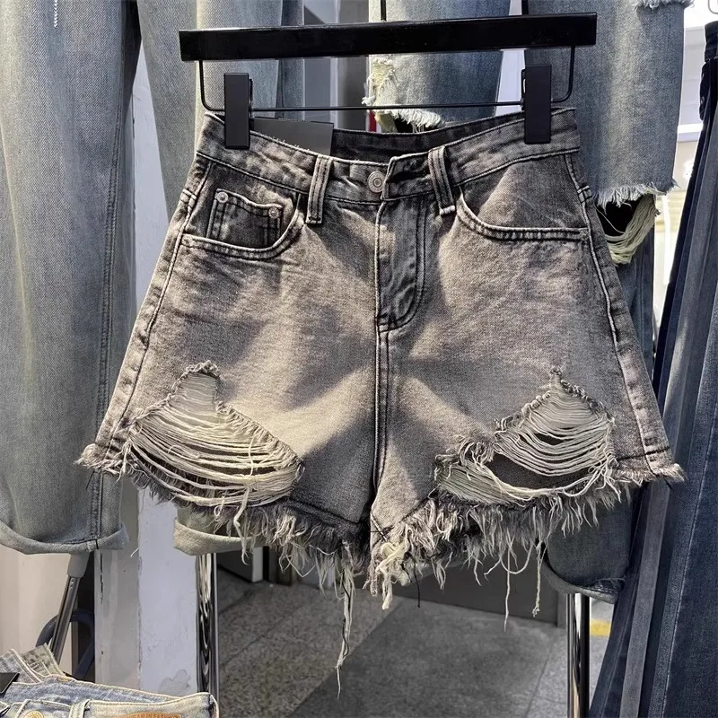 2026 New Black Grey Perforated Ragged Shorts Jeans Women High Waist Y2k Hole Ripped Tassel Booty Shorts
