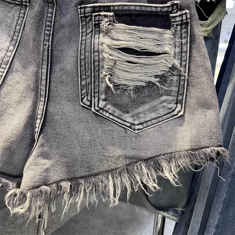 2026 New Black Grey Perforated Ragged Shorts Jeans Women High Waist Y2k Hole Ripped Tassel Booty Shorts