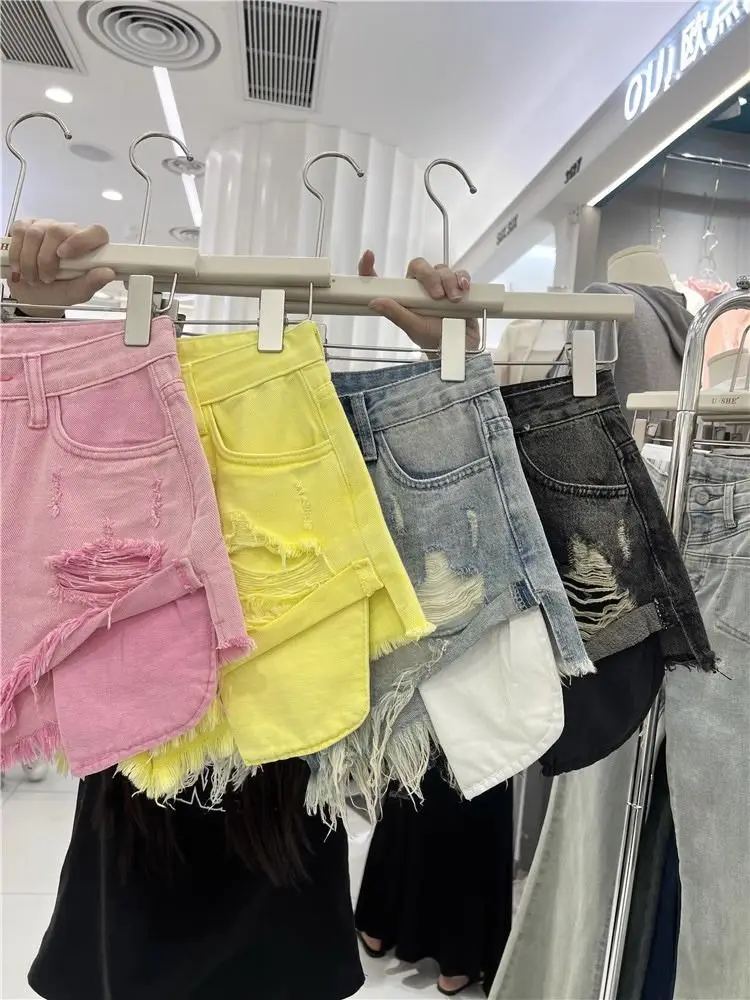 Blue Denim Shorts Women New Hole Burr A Wide-leg Hot Pants Y2k Shorts Jeans Feminino