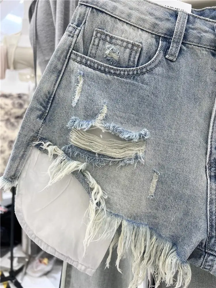 Blue Denim Shorts Women New Hole Burr A Wide-leg Hot Pants Y2k Shorts Jeans Feminino