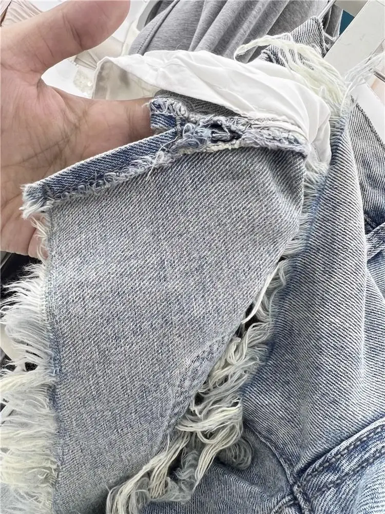 Blue Denim Shorts Women New Hole Burr A Wide-leg Hot Pants Y2k Shorts Jeans Feminino