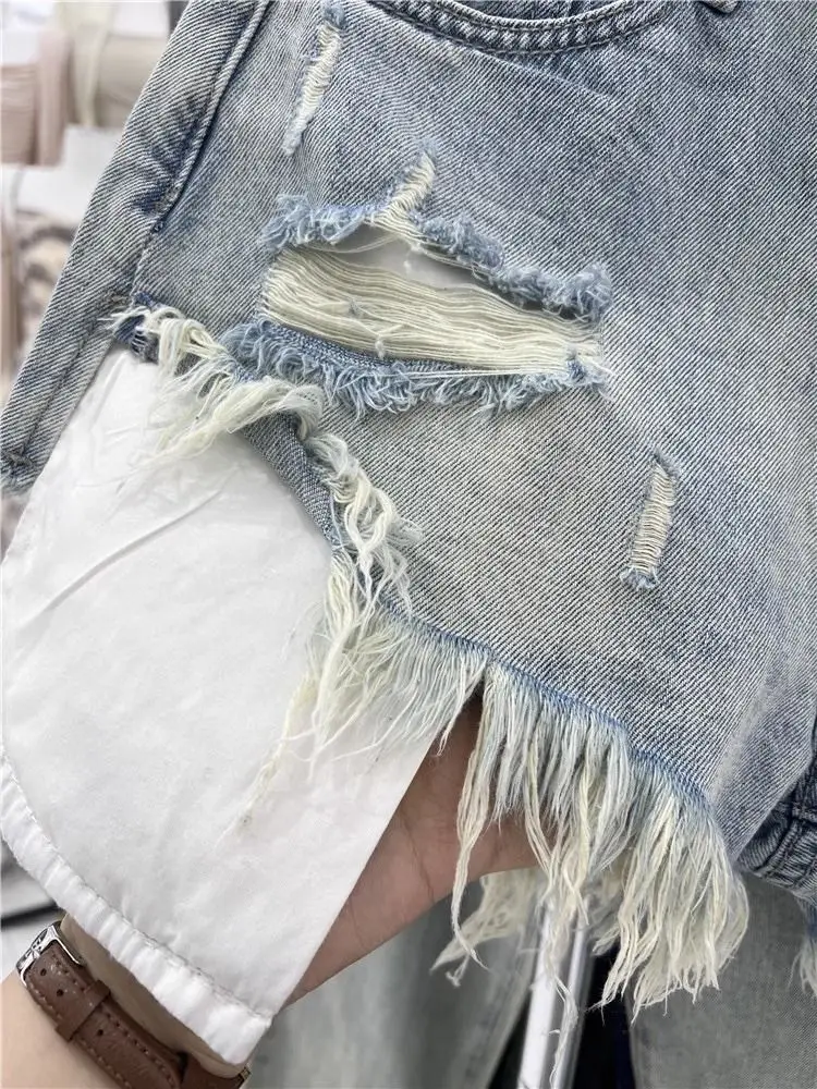 Blue Denim Shorts Women New Hole Burr A Wide-leg Hot Pants Y2k Shorts Jeans Feminino