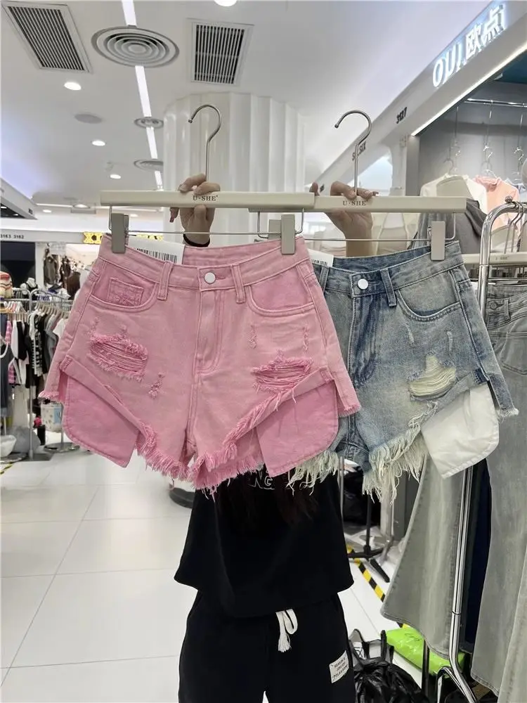Blue Denim Shorts Women New Hole Burr A Wide-leg Hot Pants Y2k Shorts Jeans Feminino