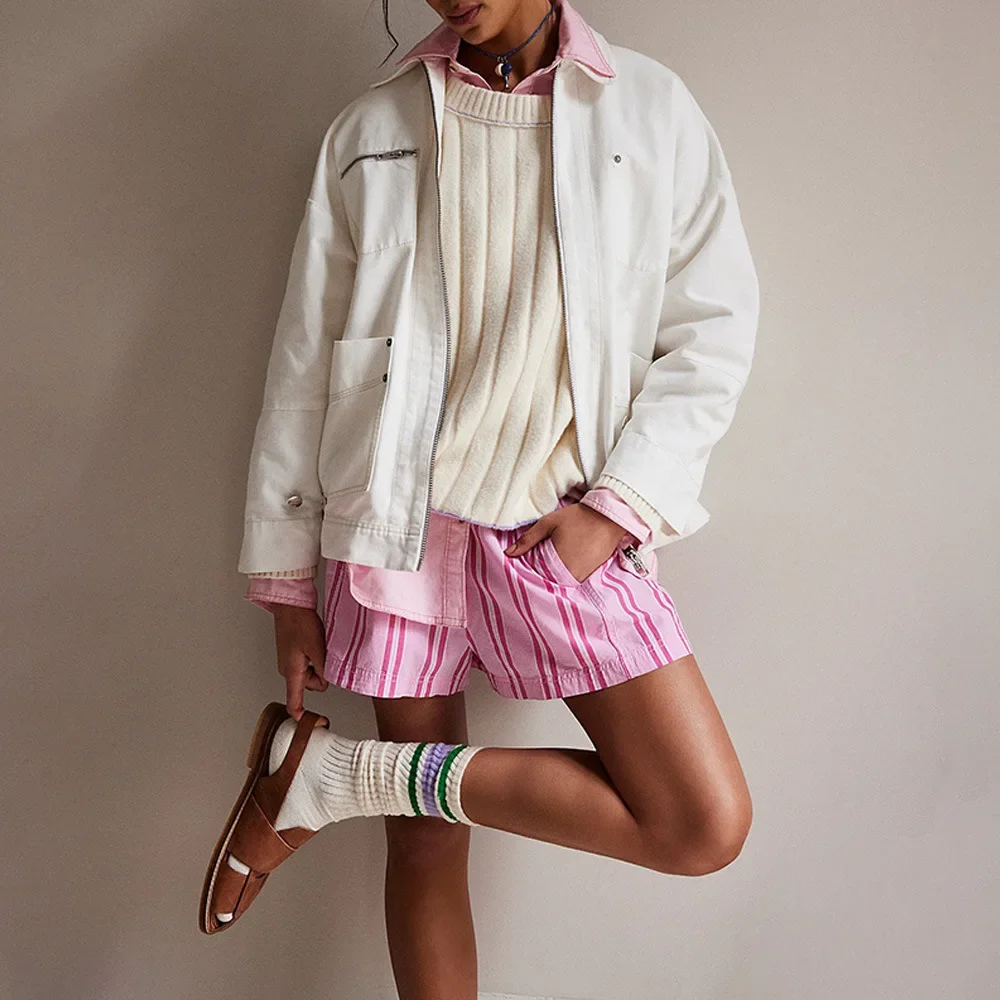 Straight Striped Casual Pockets Beach Shorts Women Fashion Shorts Summer Short Pants Ladies Short Women Shorts Sport Femme Pants