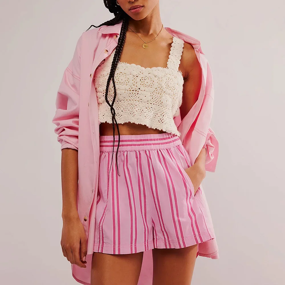 Straight Striped Casual Pockets Beach Shorts Women Fashion Shorts Summer Short Pants Ladies Short Women Shorts Sport Femme Pants