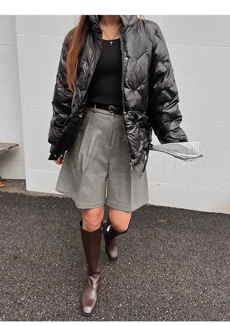 Chic Women Thicken Warm Loose Pockets Faux Woolen Straight Shorts 2024 Autumn Winter High Waist Ladies Wide Leg Shorts WH2