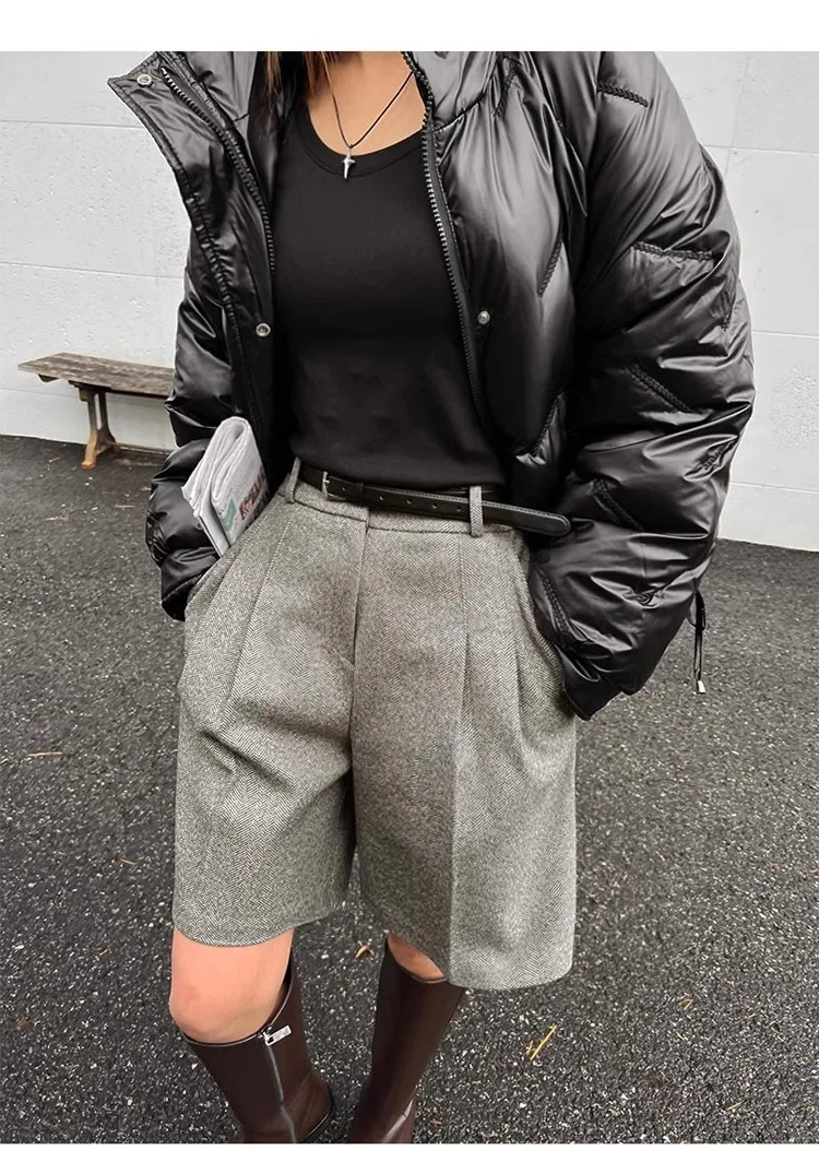 Chic Women Thicken Warm Loose Pockets Faux Woolen Straight Shorts 2024 Autumn Winter High Waist Ladies Wide Leg Shorts WH2
