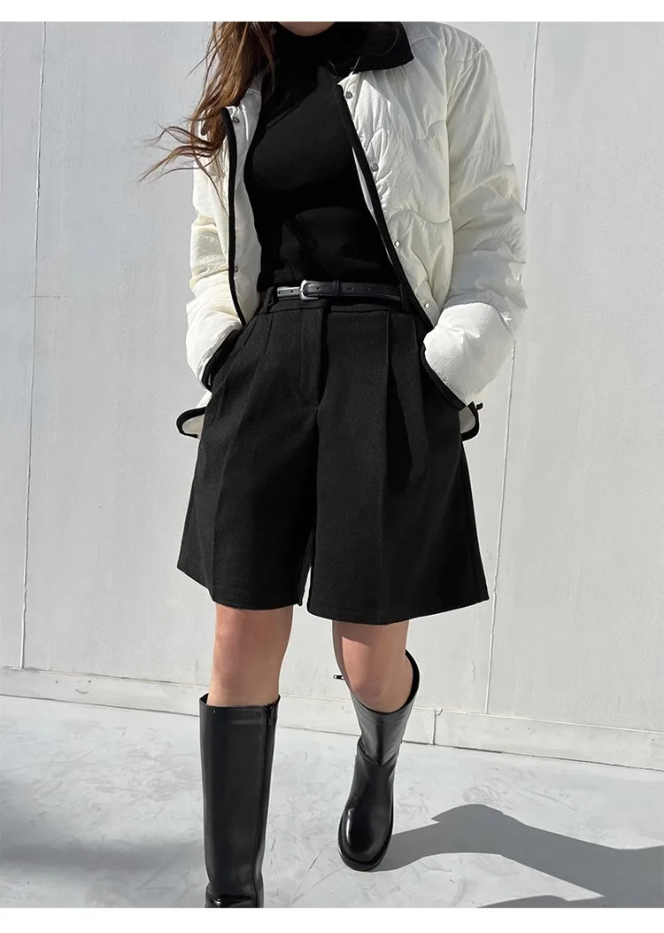 Chic Women Thicken Warm Loose Pockets Faux Woolen Straight Shorts 2024 Autumn Winter High Waist Ladies Wide Leg Shorts WH2