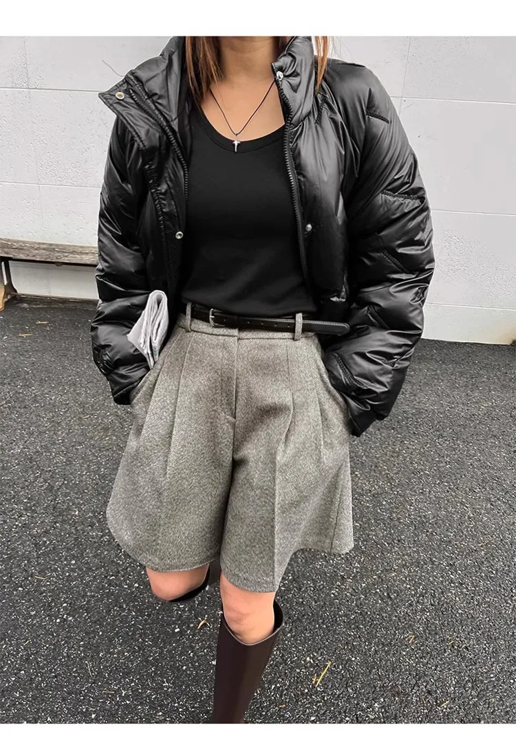 Chic Women Thicken Warm Loose Pockets Faux Woolen Straight Shorts 2024 Autumn Winter High Waist Ladies Wide Leg Shorts WH2