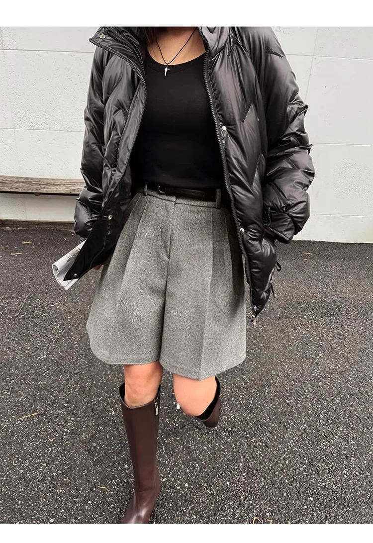 Chic Women Thicken Warm Loose Pockets Faux Woolen Straight Shorts 2024 Autumn Winter High Waist Ladies Wide Leg Shorts WH2