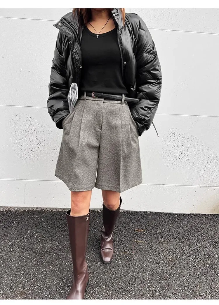 Chic Women Thicken Warm Loose Pockets Faux Woolen Straight Shorts 2024 Autumn Winter High Waist Ladies Wide Leg Shorts WH2