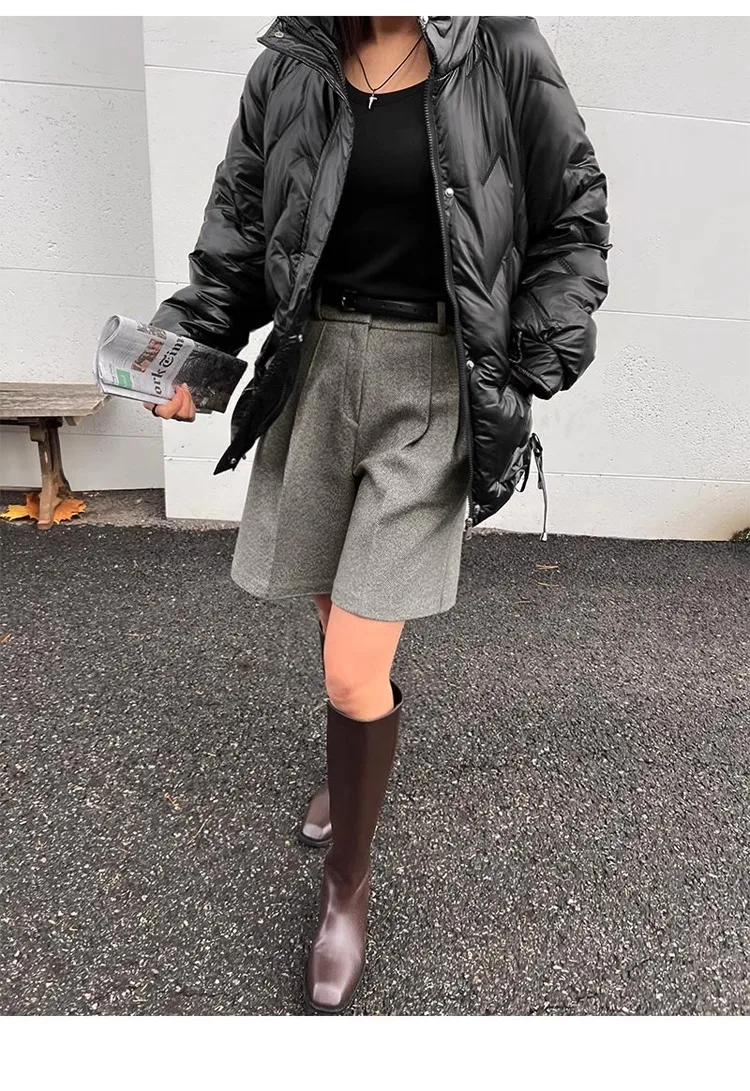 Chic Women Thicken Warm Loose Pockets Faux Woolen Straight Shorts 2024 Autumn Winter High Waist Ladies Wide Leg Shorts WH2