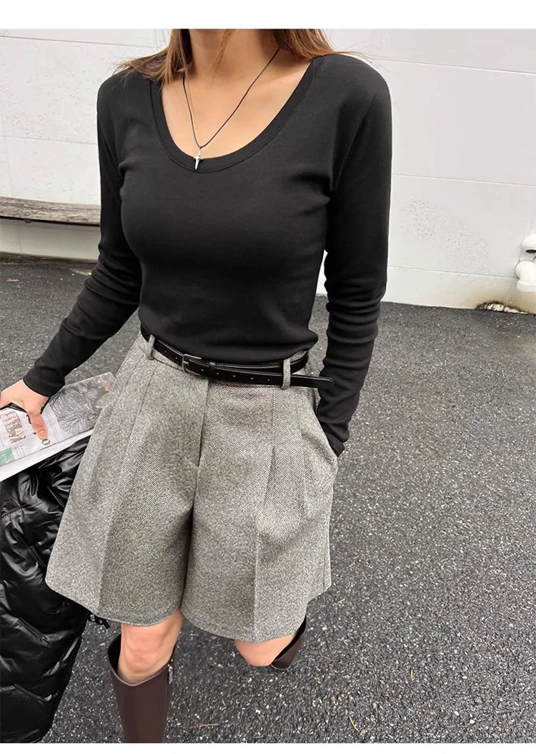 Chic Women Thicken Warm Loose Pockets Faux Woolen Straight Shorts 2024 Autumn Winter High Waist Ladies Wide Leg Shorts WH2