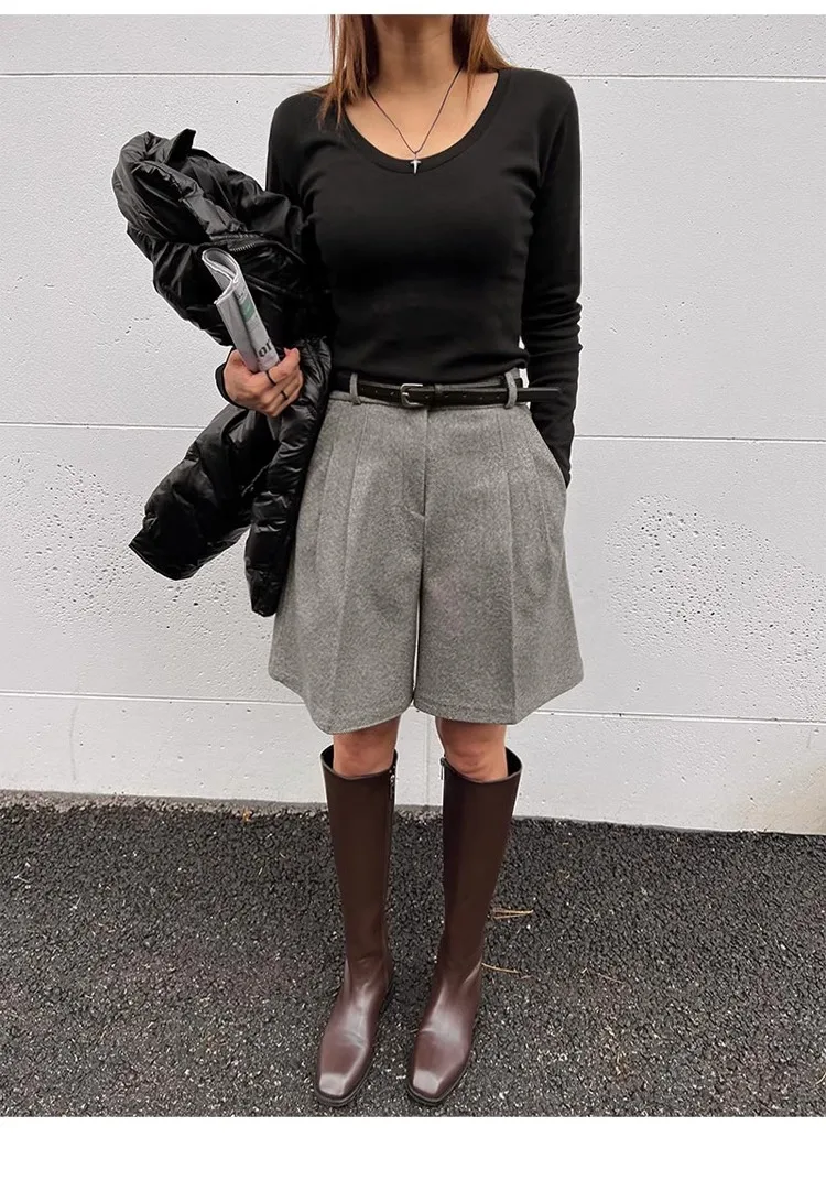 Chic Women Thicken Warm Loose Pockets Faux Woolen Straight Shorts 2024 Autumn Winter High Waist Ladies Wide Leg Shorts WH2