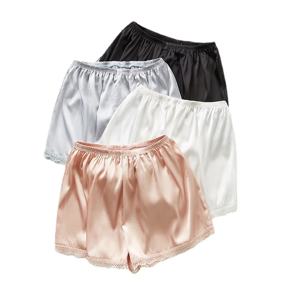 Women Spring Summer Satin Silk Lace Safety Shorts Pants Loose Elastic Waist Home Sleep Shorts Nightwear Bottom Thin Pajamas