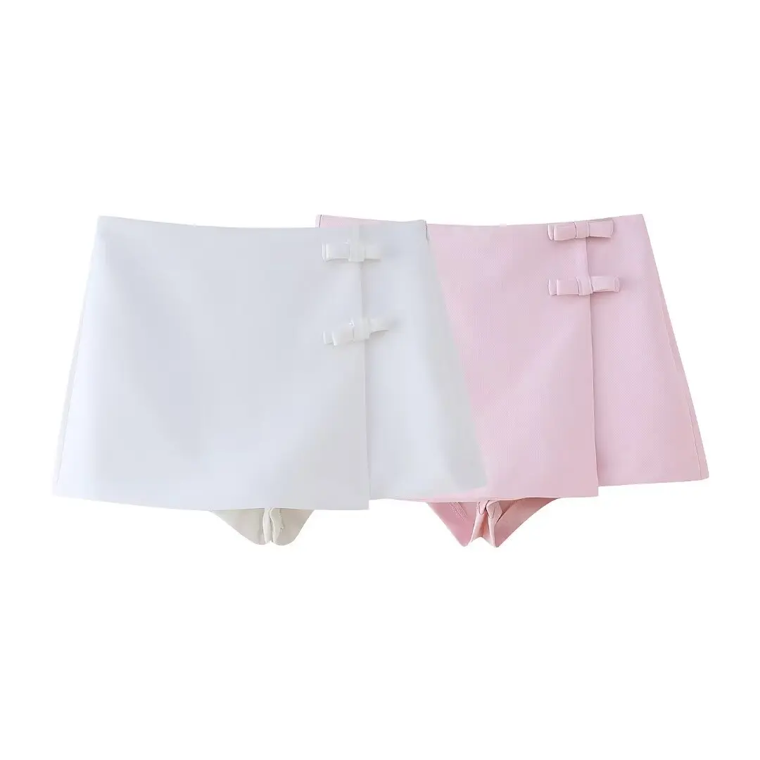 DUOPERI Women Fashion Solid Mini Skorts High Waist with Bowknot Female Chic Lady Casual Skirt Shorts Culottes