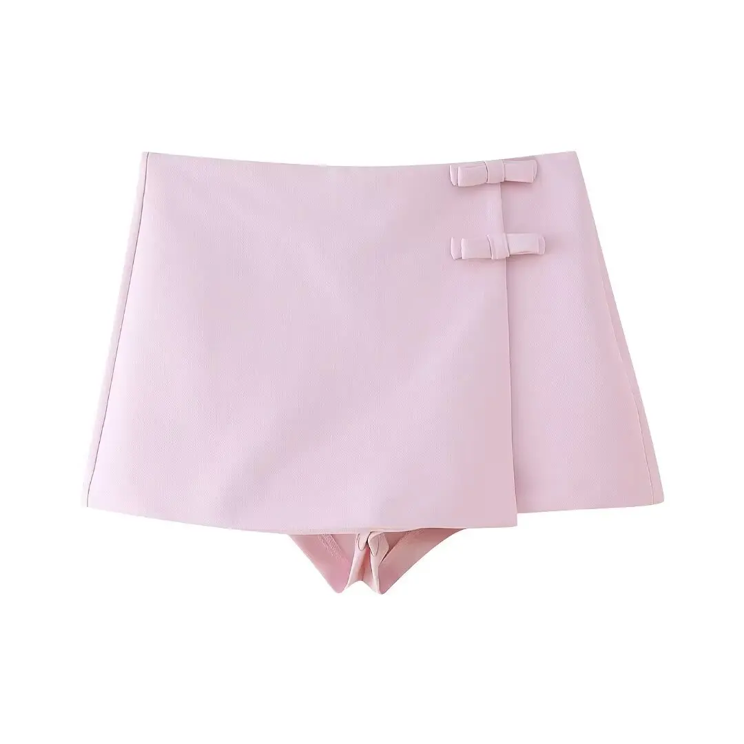 DUOPERI Women Fashion Solid Mini Skorts High Waist with Bowknot Female Chic Lady Casual Skirt Shorts Culottes