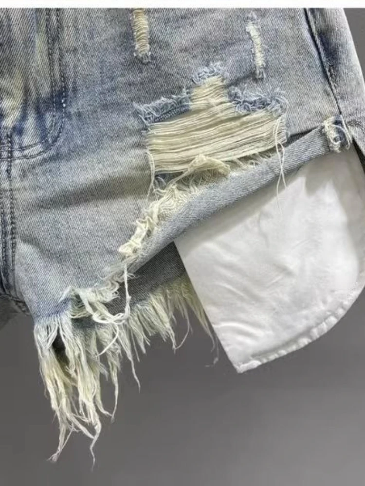 HOUZHOU Vintage Ripped Denim Shorts for Women Blue Sexy Korean Y2k Shorts Gyaru High-waisted Streetwear Short Jeans Aesthetics